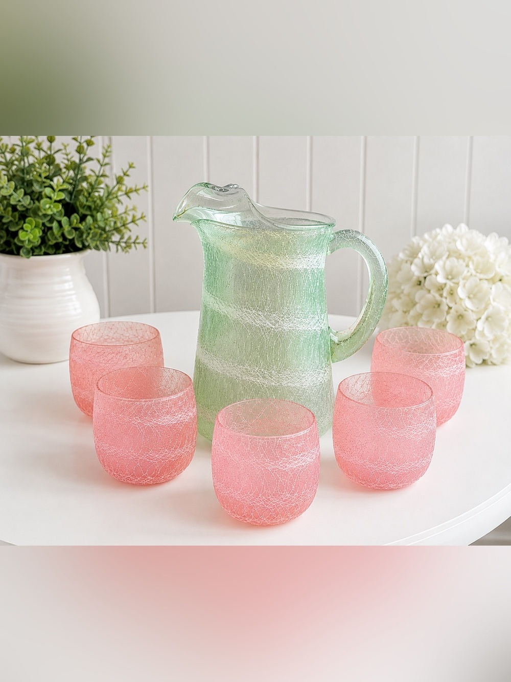 Vintage Spaghetti String Glass Pitcher & 5 Pink Tumblers MCM Set